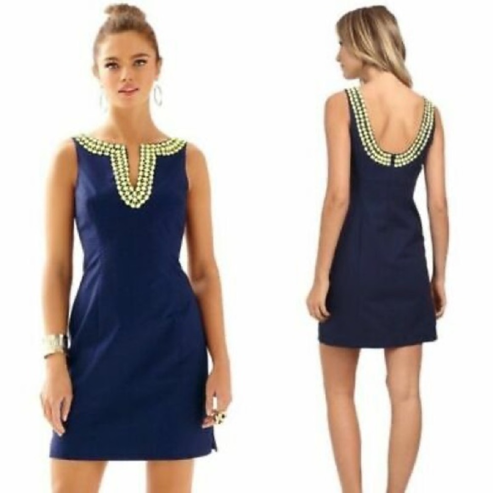 Lilly Pulitzer “Blaire” Navy Blue Embellished Jacquard Sheath Dress. 2. …